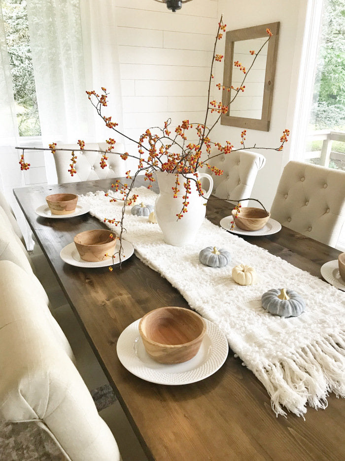 Custom Farmhouse Table with Turned Spindle Legs. Stained in Dark Walnut with Whitewash Distressed Legs. Dining Room Table, Kitchen Table, Dining Table