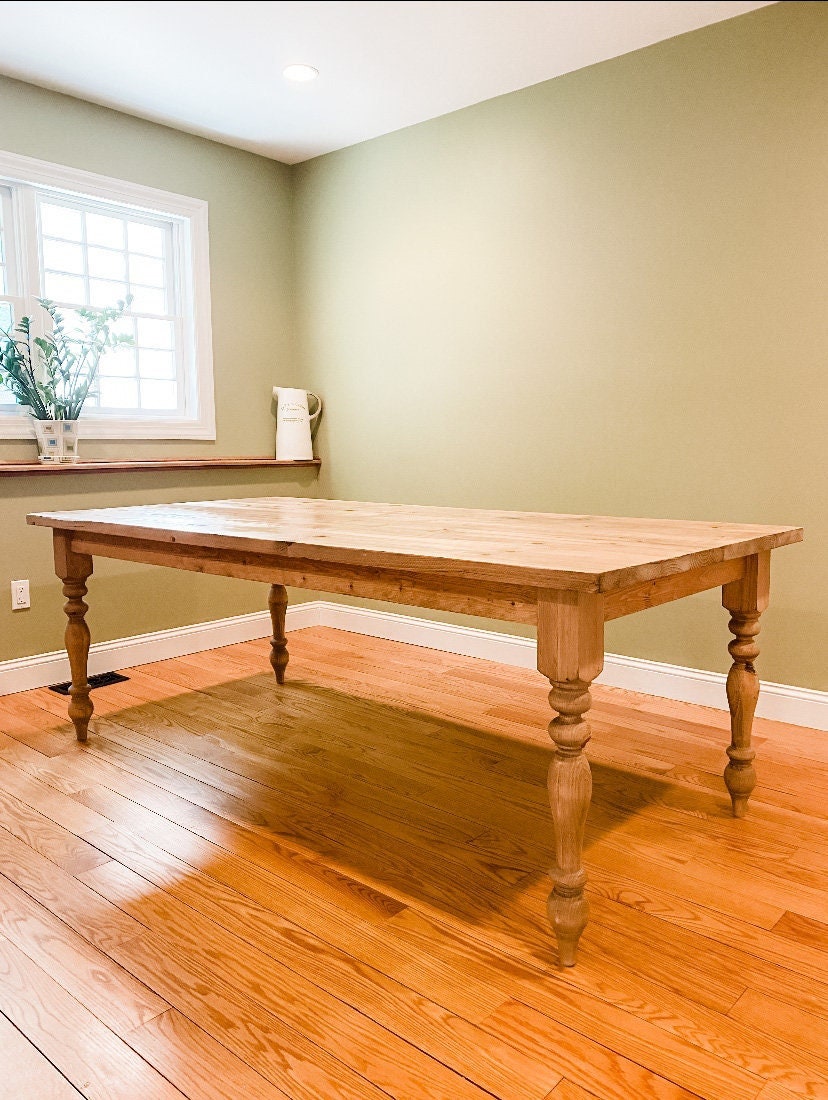 custom farm table, long farm table, large farm table, farmhouse table, wood table, turned leg table, natural wood table, dining table, kitchen table