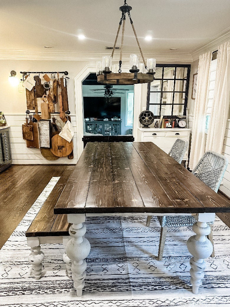 Balled Farm Table, Long Farmhouse Table, Custom Farmhouse Table, Large Farmhouse Table, 10 foot table, 12 foot table, table for ten, turned leg table, chunky leg table, modern table, custom table, massive ball legs, distressed antique table