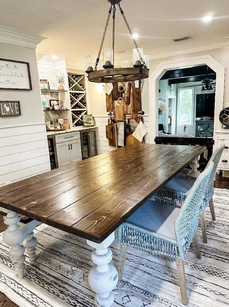 Balled Farm Table, Long Farmhouse Table, Custom Farmhouse Table, Large Farmhouse Table, 10 foot table, 12 foot table, table for ten, turned leg table, chunky leg table, modern table, custom table, massive ball legs, distressed antique table