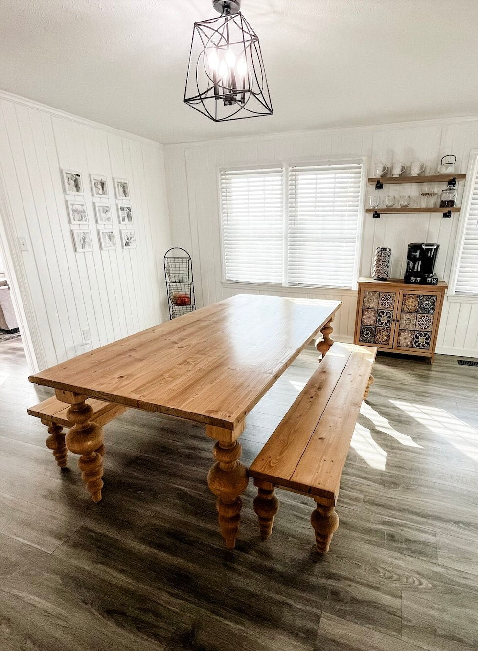 Custom table with modern balled legs, dining room table, kitchen table, custom farmhouse table, natural wood farm table, modern table with turned legs, handmade table, chunky table, reclaimed wood table, solid wood table, table and benches