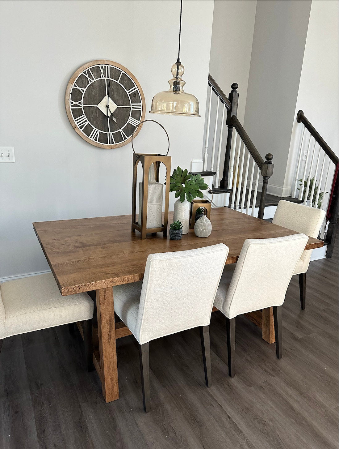 Custom table with trestle legs, restoration table, dining room table, kitchen table, custom farmhouse table, natural wood farm table, modern table with pedestal legs, handmade table, X-style table, reclaimed wood table, rh table, restoration table
