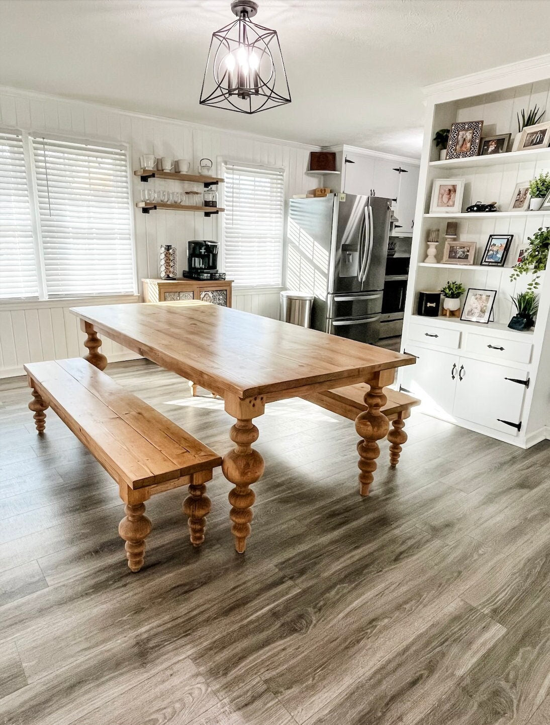 Custom table with modern balled legs, dining room table, kitchen table, custom farmhouse table, natural wood farm table, modern table with turned legs, handmade table, chunky table, reclaimed wood table, solid wood table, table and benches