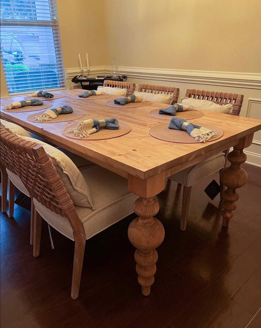Chunky Balled Farmhouse Table, Custom Large Modern Table, Modern Table, Natural Wood Dining Table, Bulb Leg Table, Turned Farmhouse Table,