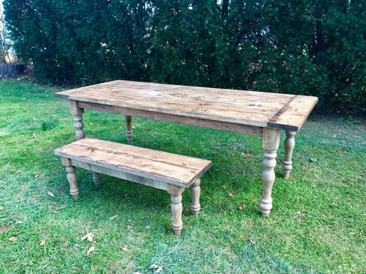 custom farmhouse table, handmade table, farm table, rustic table, distressed table, rh table, turned leg table, spindle leg table, table with breadboards, wood table, natural wood table, custom table, barn table, antique table, amish made table