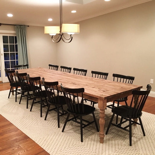 Handcrafted farmhouse table made from real wood, perfect for rustic charm. Ideal for family gatherings and cozy dinners. Custom sizes available. Long farmhouse table, large farm table, handmade table, turned leg table