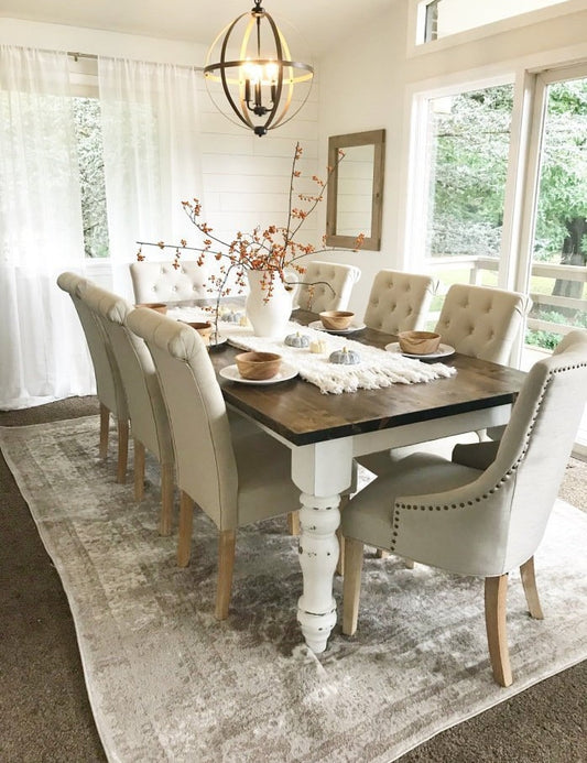 Custom Farmhouse Table with Turned Spindle Legs. Stained in Dark Walnut with Whitewash Distressed Legs. Dining Room Table, Kitchen Table, Dining Table