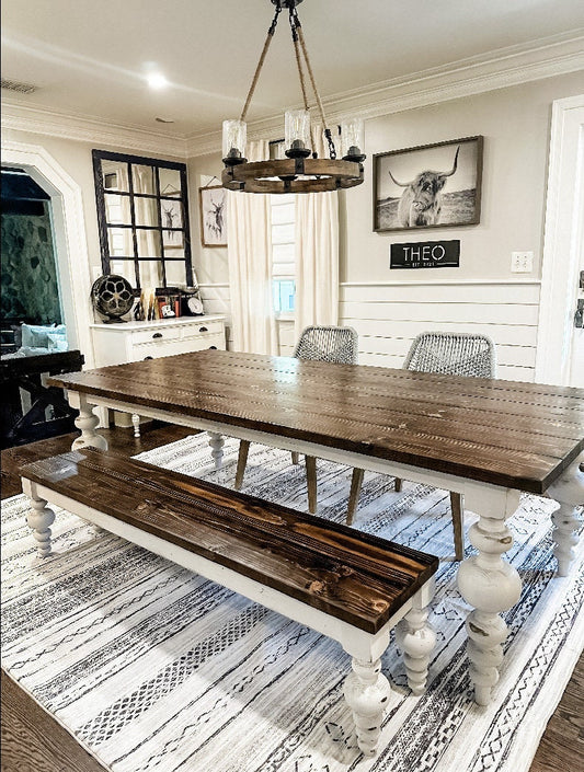 Balled Farm Table, Long Farmhouse Table, Custom Farmhouse Table, Large Farmhouse Table, 10 foot table, 12 foot table, table for ten, turned leg table, chunky leg table, modern table, custom table, massive ball legs, distressed antique table