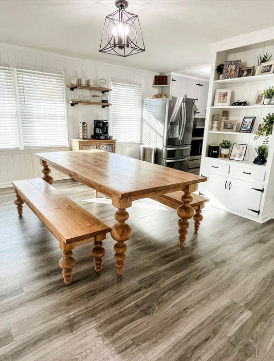 Custom table with modern balled legs, dining room table, kitchen table, custom farmhouse table, natural wood farm table, modern table with turned legs, handmade table, chunky table, reclaimed wood table, solid wood table, table and benches