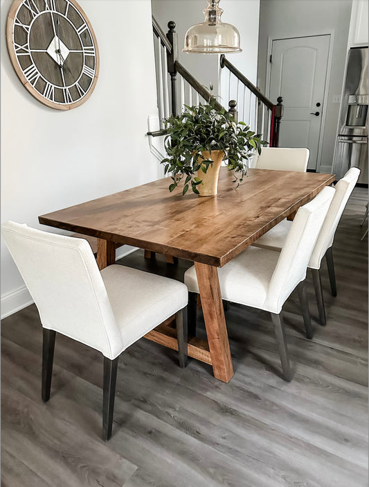 Custom table with trestle legs, restoration table, dining room table, kitchen table, custom farmhouse table, natural wood farm table, modern table with pedestal legs, handmade table, X-style table, reclaimed wood table, rh table, restoration table