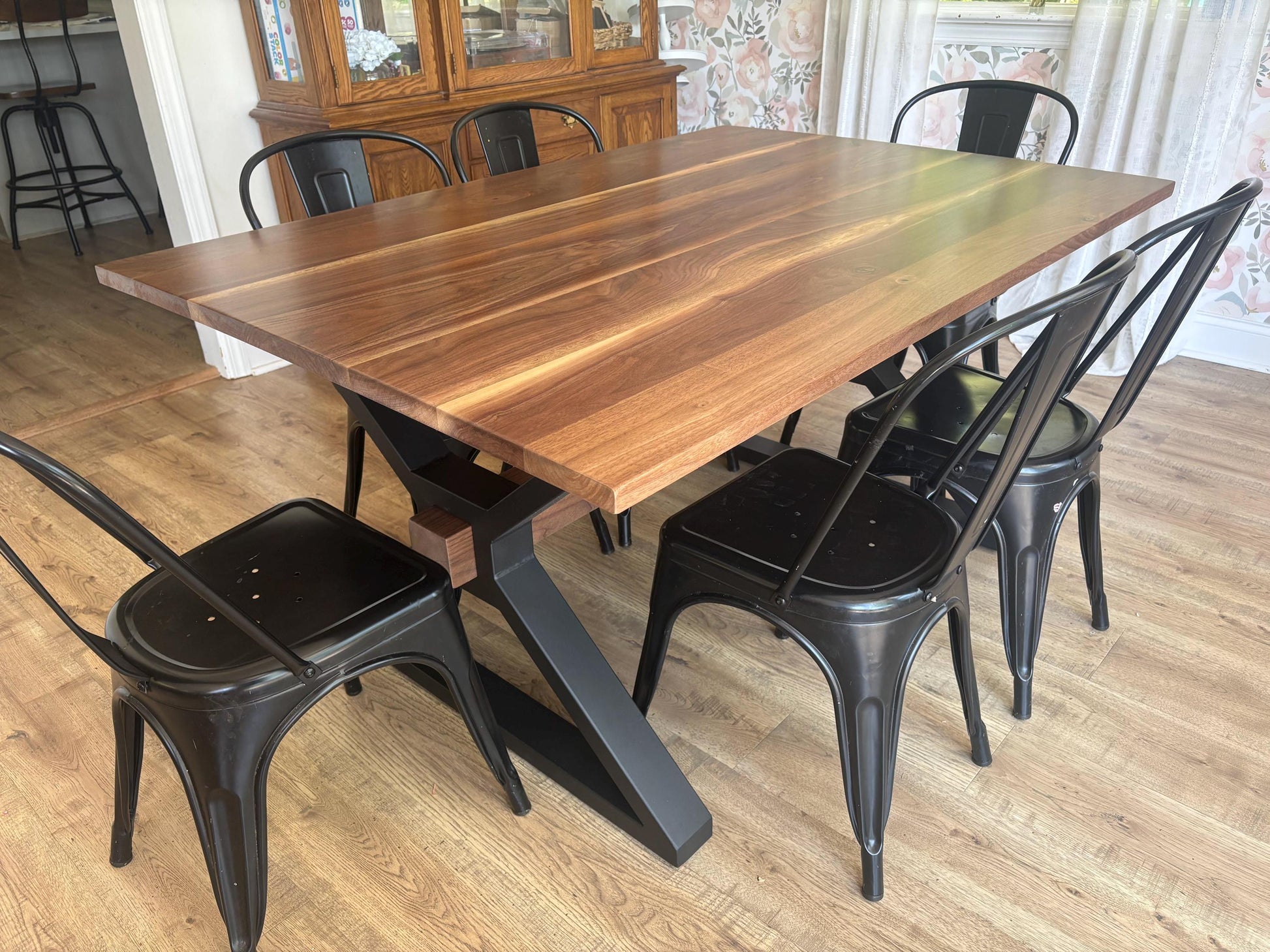 Black Walnut Dining Table with Metal Legs - Custom Walnut Table - Modern Dining Table - Hardwood Table - Metal X Frame with Beam - All Sizes