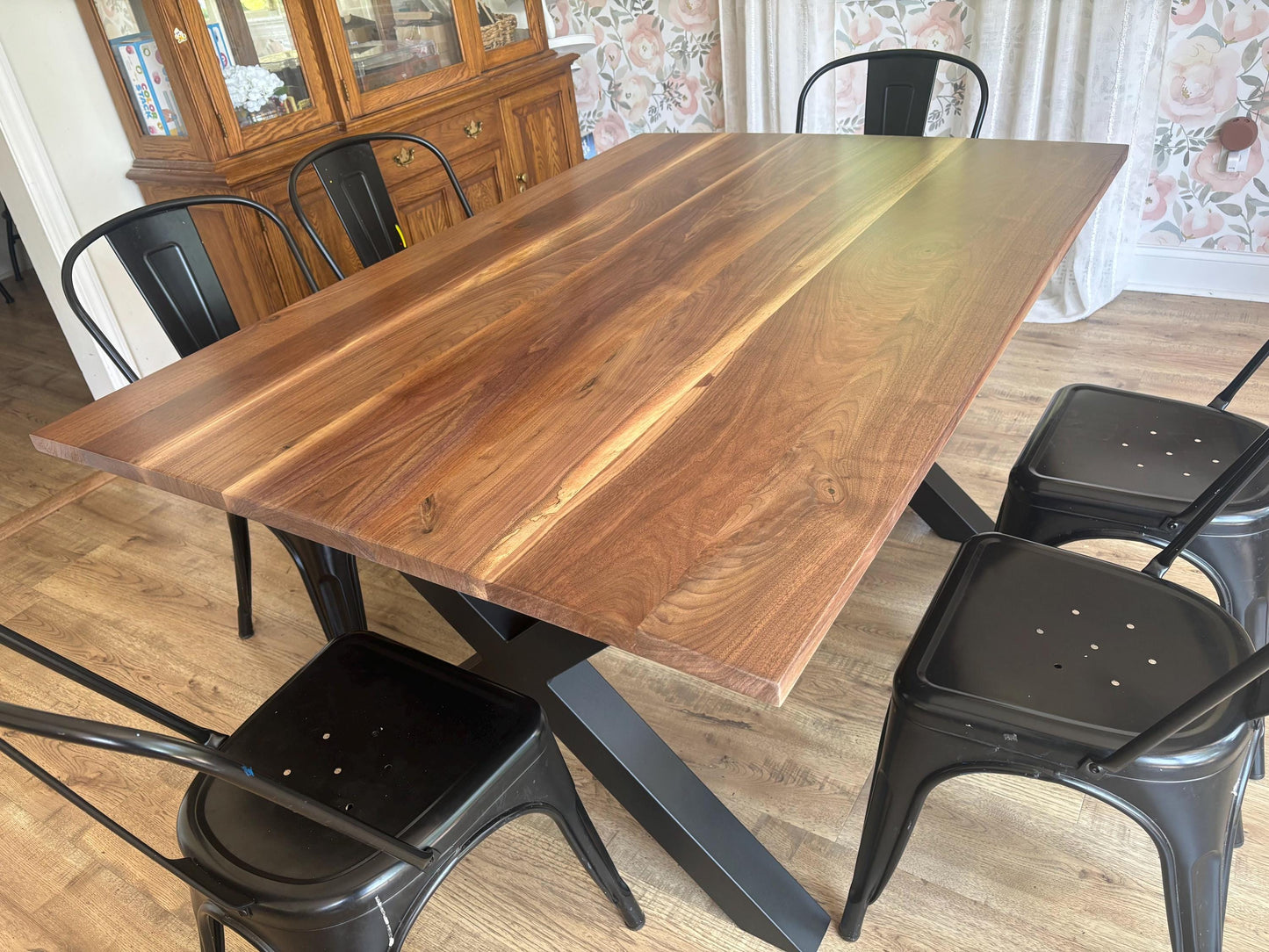 Custom Black Walnut Dining Table with X Leg Metal Base | Solid Walnut Table | Industrial Modern Dining Table | Handcrafted Wood Table