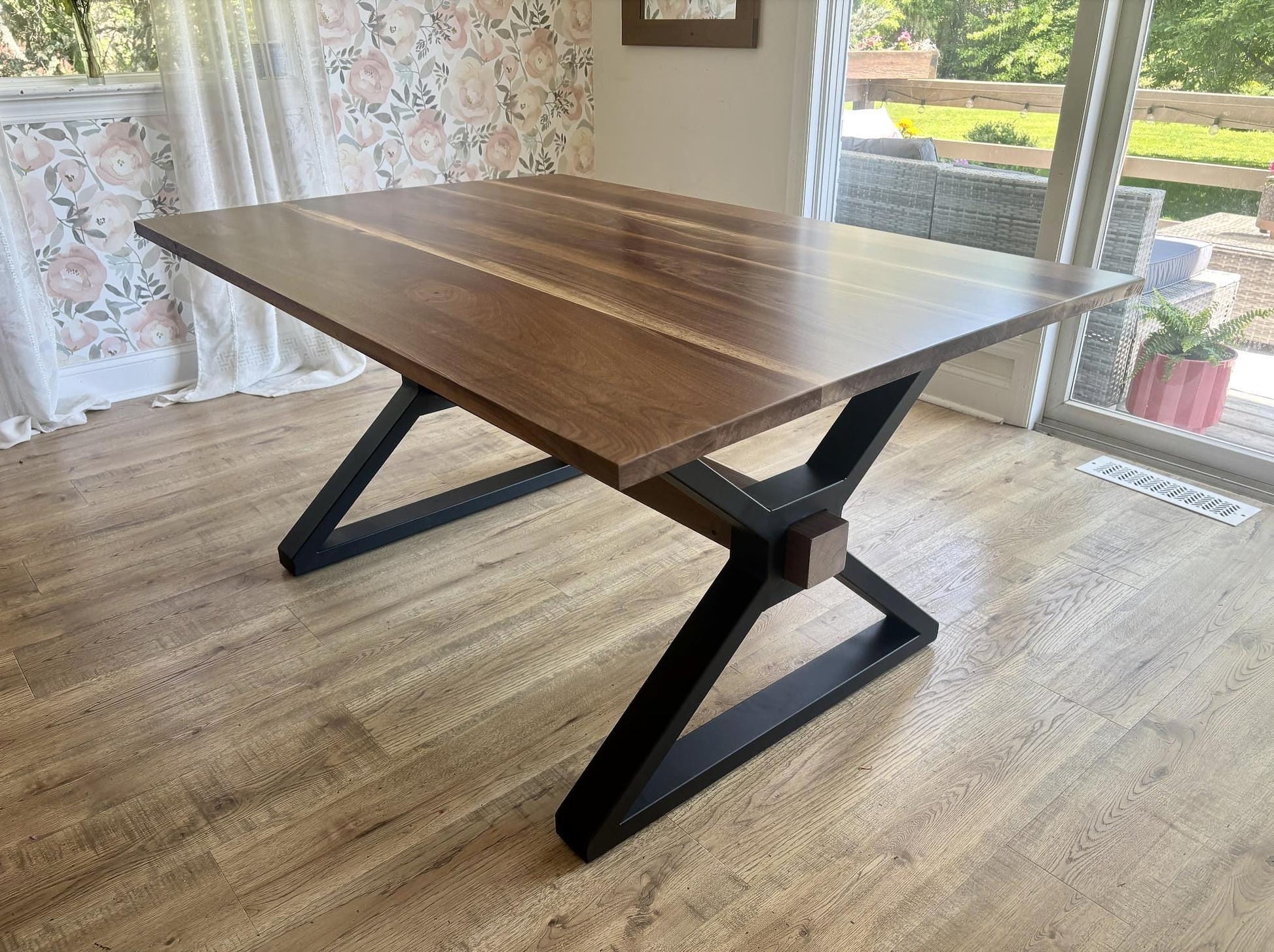 Black Walnut Dining Table with Metal Legs - Custom Walnut Table - Modern Dining Table - Hardwood Table - Metal X Frame with Beam - All Sizes