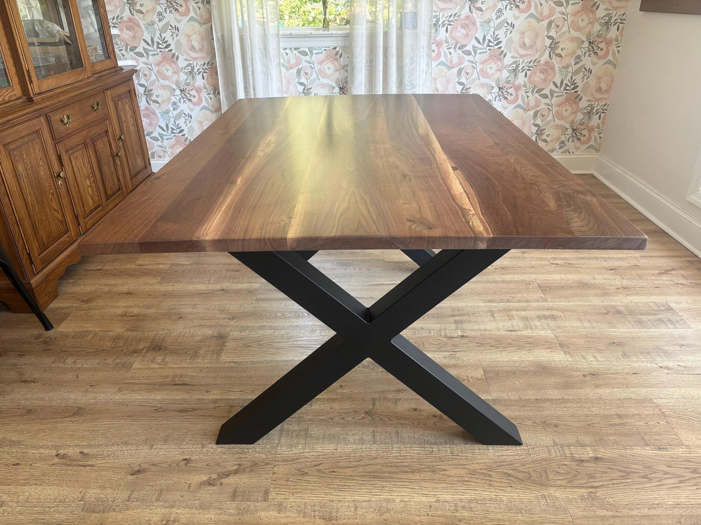 Custom Black Walnut Dining Table with X Leg Metal Base | Solid Walnut Table | Industrial Modern Dining Table | Handcrafted Wood Table