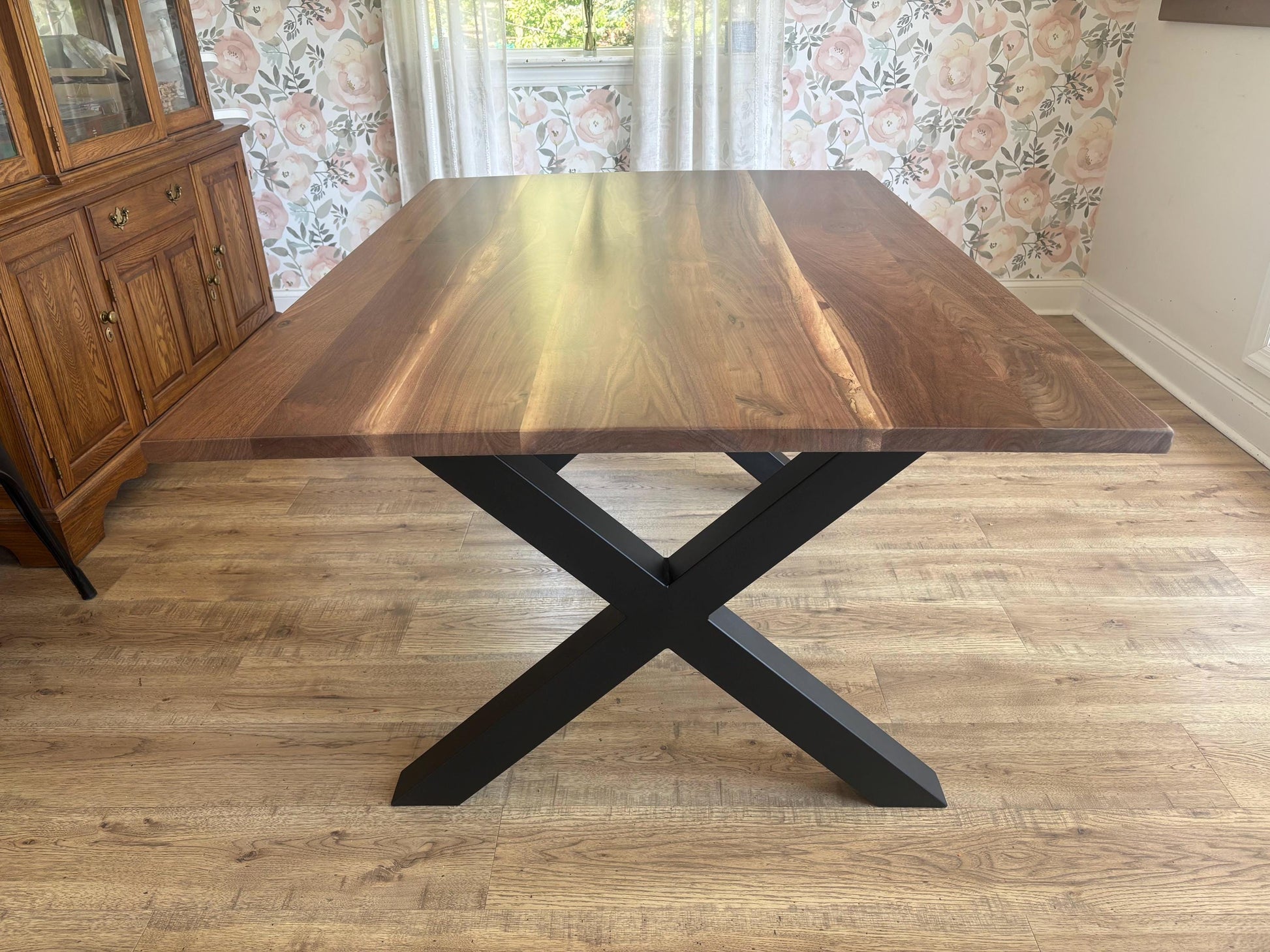 Custom Black Walnut Dining Table with X Leg Metal Base | Solid Walnut Table | Industrial Modern Dining Table | Handcrafted Wood Table