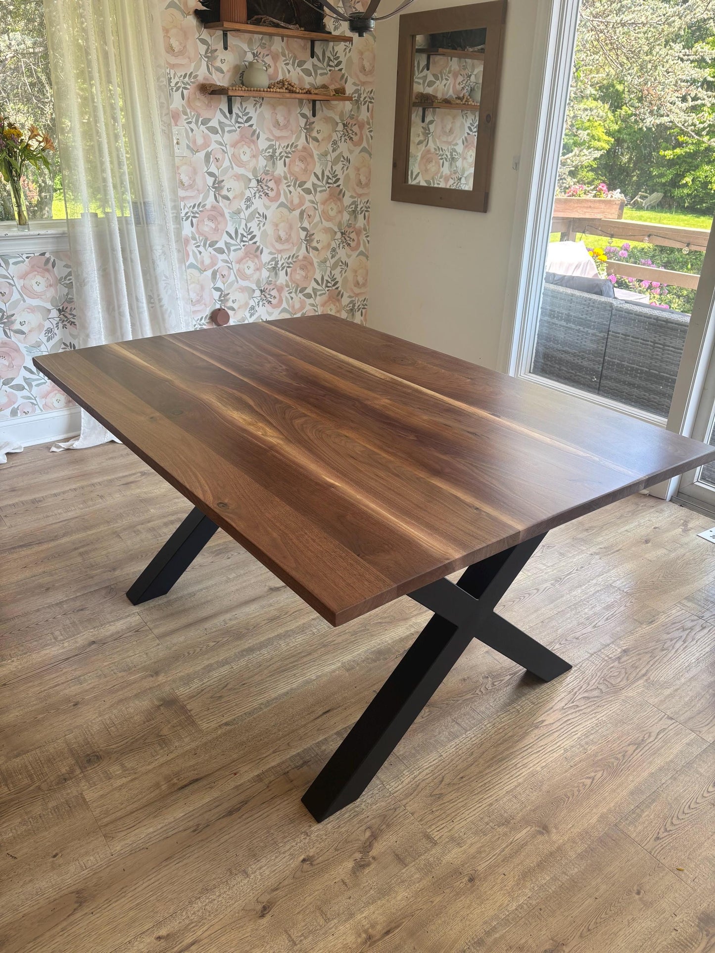 Custom Black Walnut Dining Table with X Leg Metal Base | Solid Walnut Table | Industrial Modern Dining Table | Handcrafted Wood Table