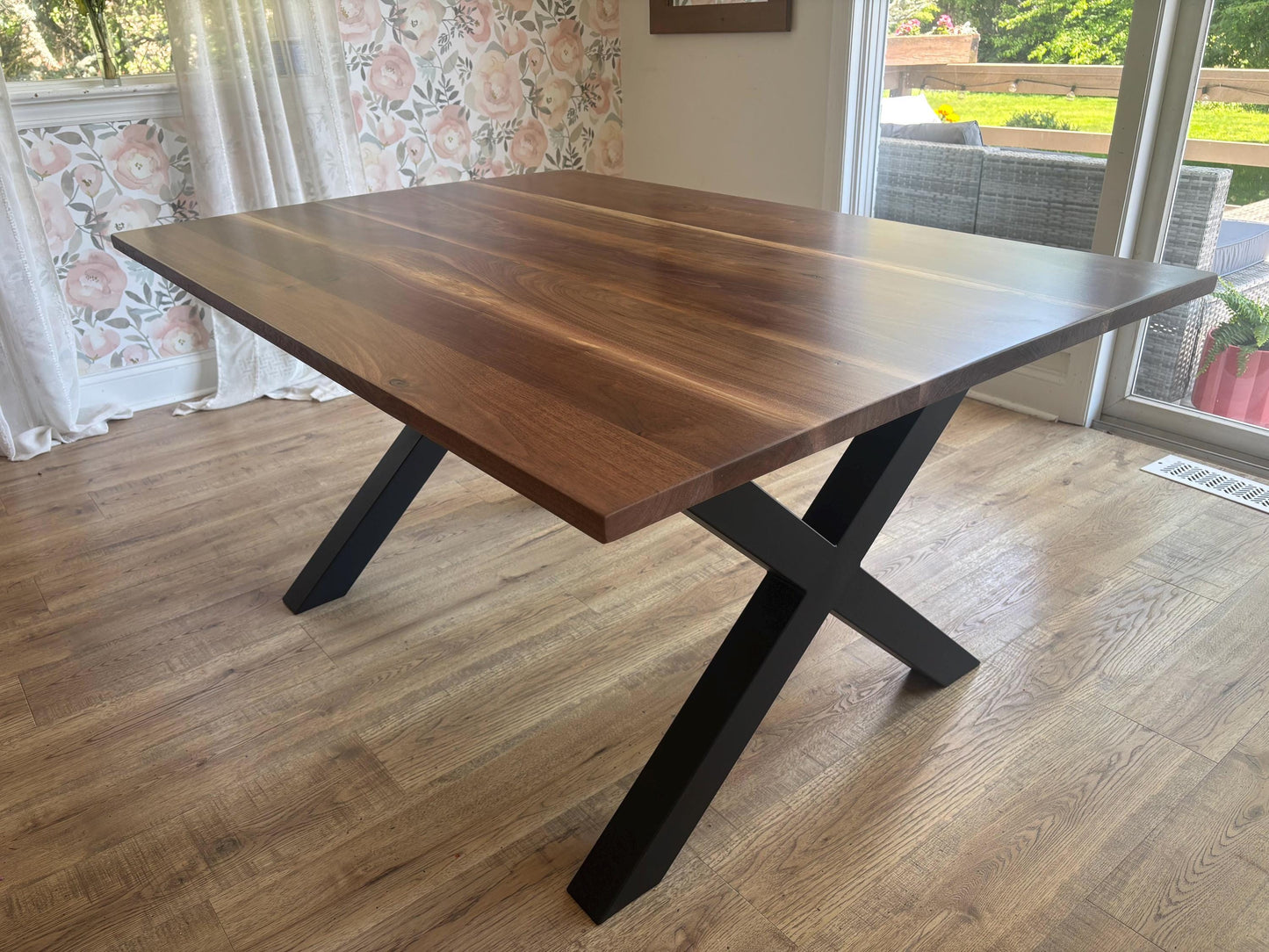 Custom Black Walnut Dining Table with X Leg Metal Base | Solid Walnut Table | Industrial Modern Dining Table | Handcrafted Wood Table