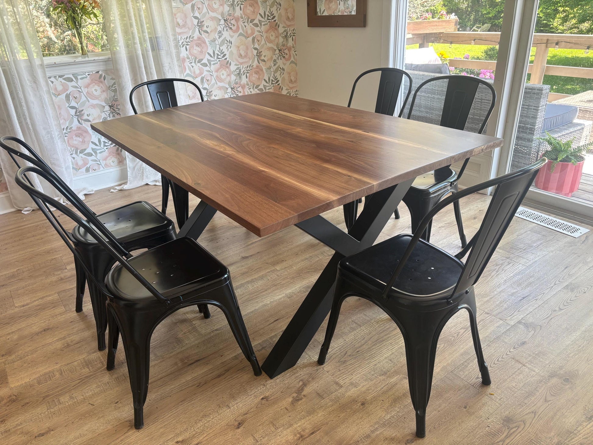 Custom Black Walnut Dining Table with X Leg Metal Base | Solid Walnut Table | Industrial Modern Dining Table | Handcrafted Wood Table