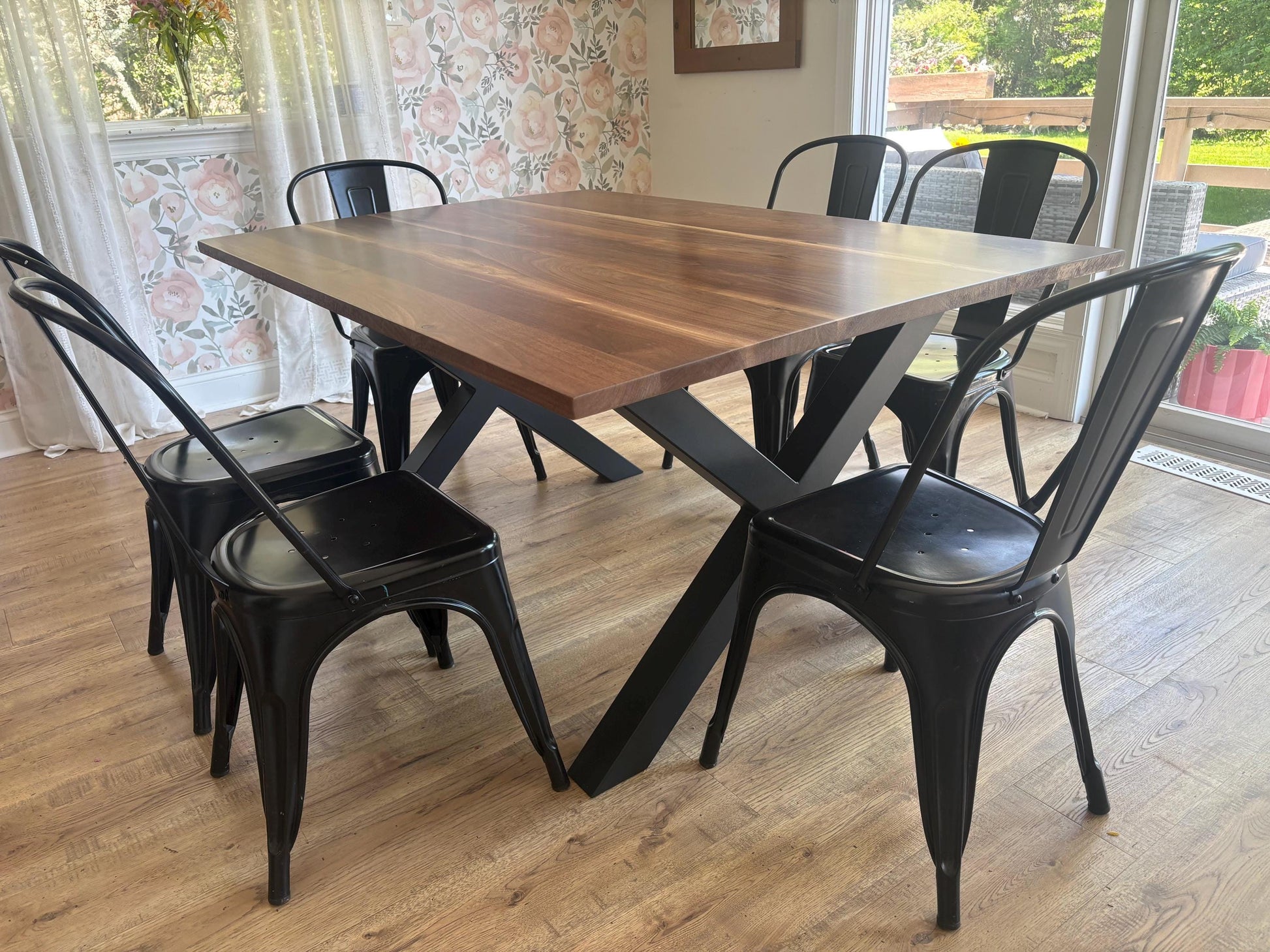 Custom Black Walnut Dining Table with X Leg Metal Base | Solid Walnut Table | Industrial Modern Dining Table | Handcrafted Wood Table