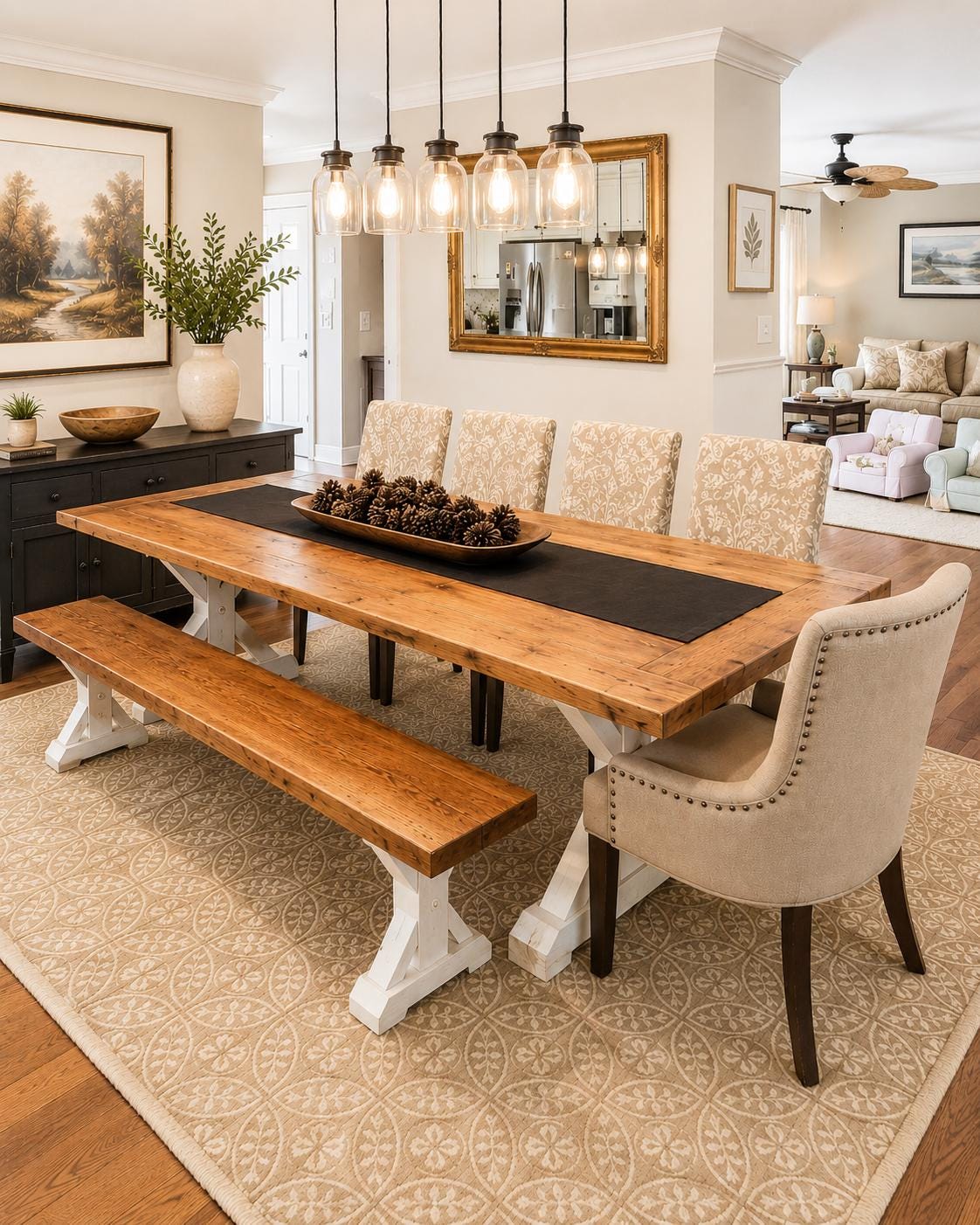 Two-Tone Trestle Dining Table, Farmhouse X Base, Natural Wood Table - 10-Foot, 12-Foot, 14-Foot, All Sizes and Stains