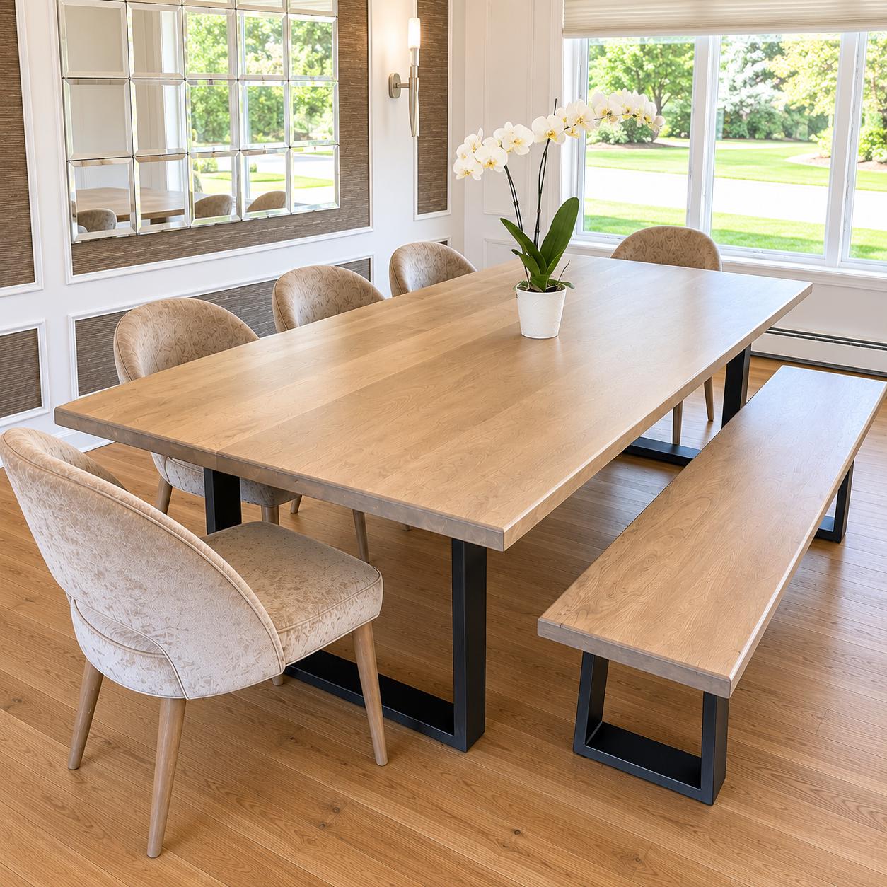 Maple Dining Table, Industrial Modern, Light Wood Kitchen Table, Black Metal Legs - Any Style, Size, or Stain!