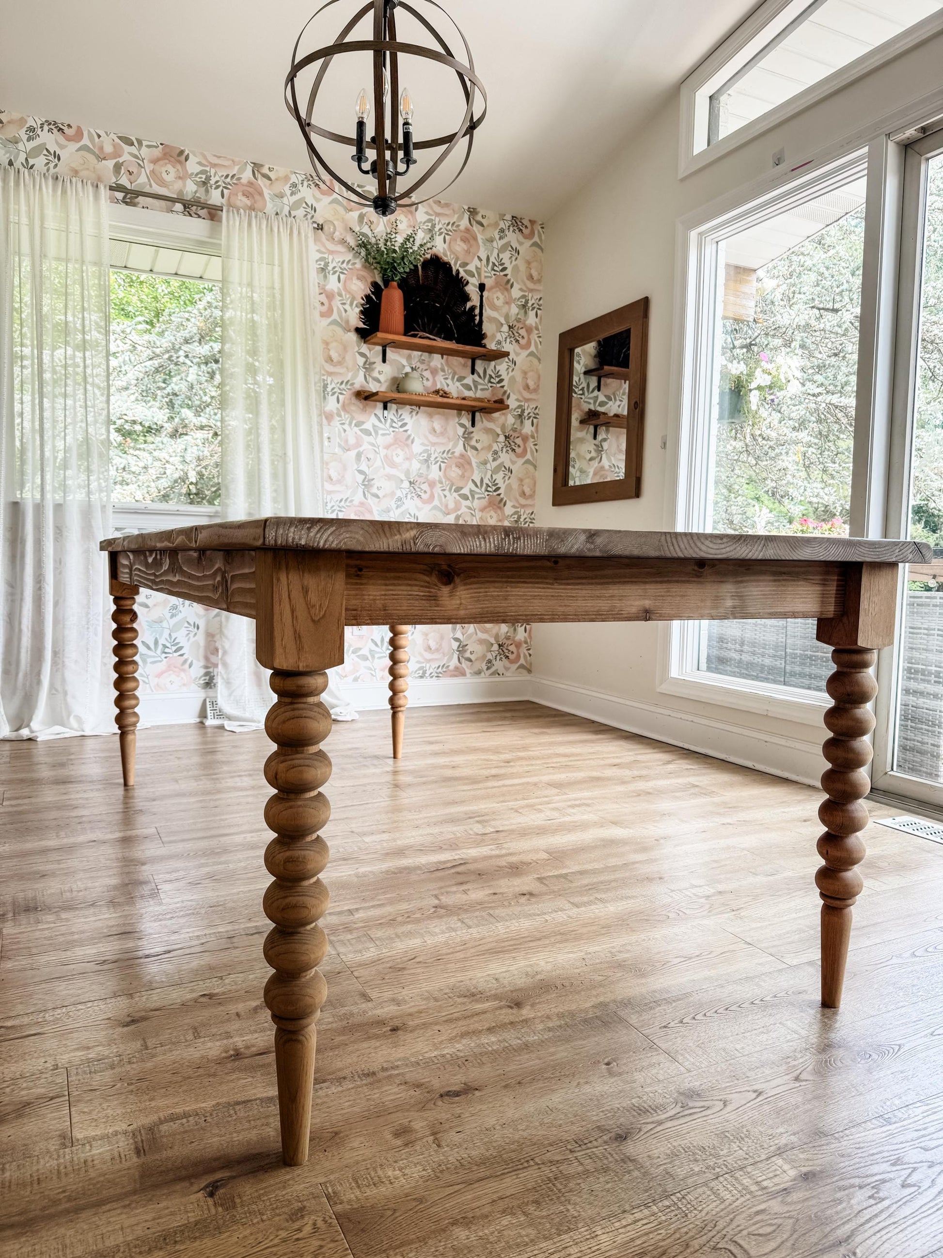 Farmhouse Table with Bobbin Legs, Modern Organic Dining Table, Sculpted Ball Leg Kitchen Table, Custom Size & Stain, Free Delivery