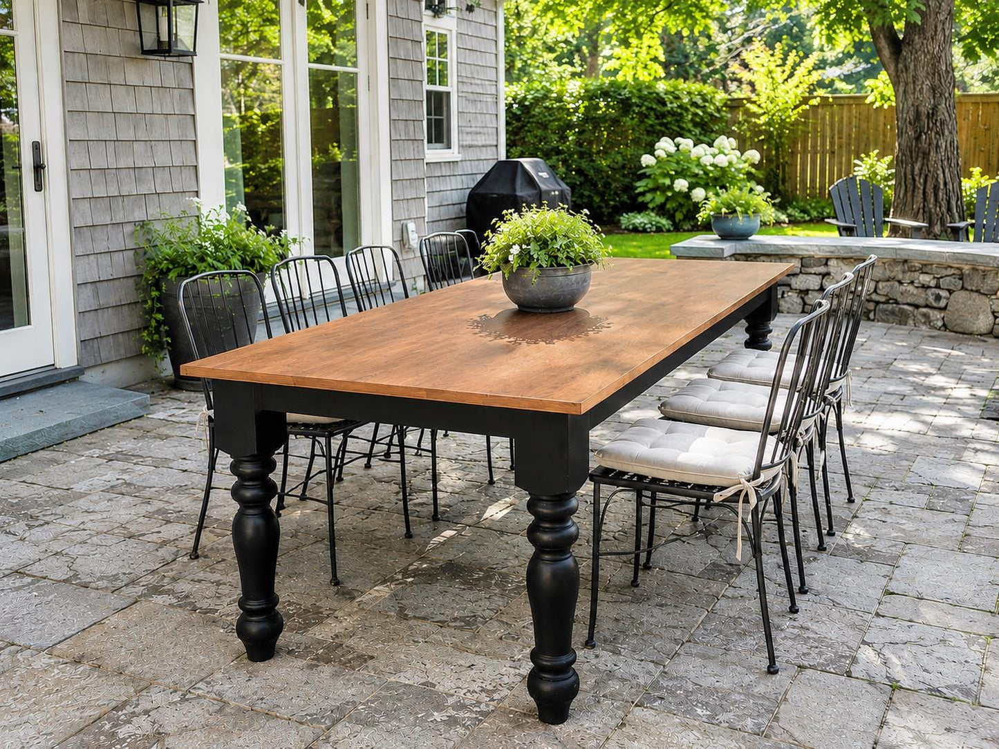 Indoor/Outdoor White Oak Table, Custom Solid Wood Table, Two Tone Patio Table with Black Turned Legs, Any Size and Stain!