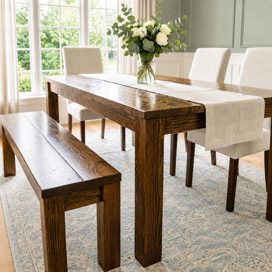 Rustic farmhouse dining table with Parsons legs and matching bench, dark wood top