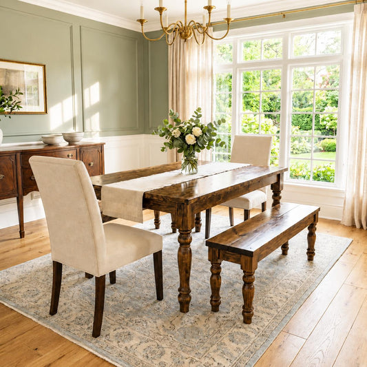 Rectangular dining table with turned legs and rustic plank top in light wood
