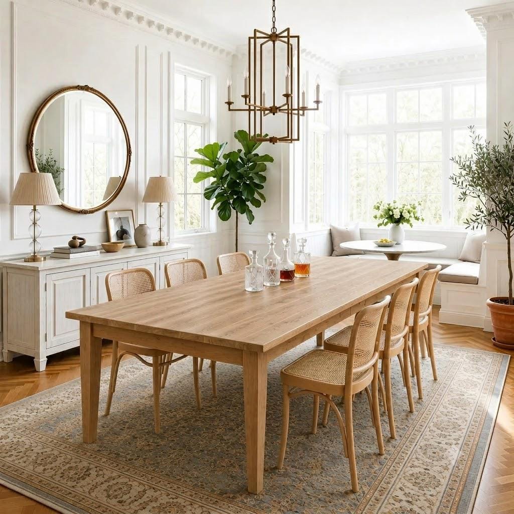 Rectangular solid wood dining table with tapered legs and light natural finish
