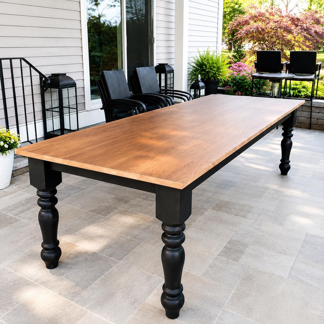 Indoor/Outdoor White Oak Table, Custom Solid Wood Table, Two Tone Patio Table with Black Turned Legs, Any Size and Stain!