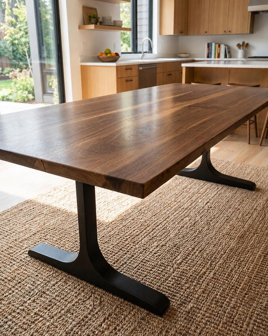 Walnut dining table with dark metal X-shaped legs and smooth rectangular tabletop