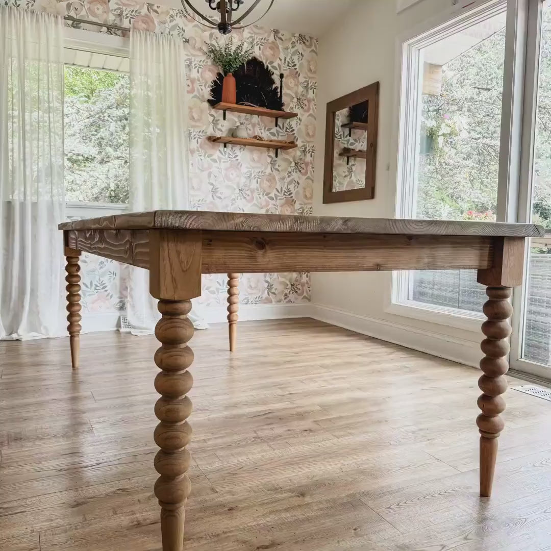 Farmhouse Table with Bobbin Legs, Modern Organic Dining Table, Sculpted Ball Leg Kitchen Table, Custom Size & Stain, Free Delivery