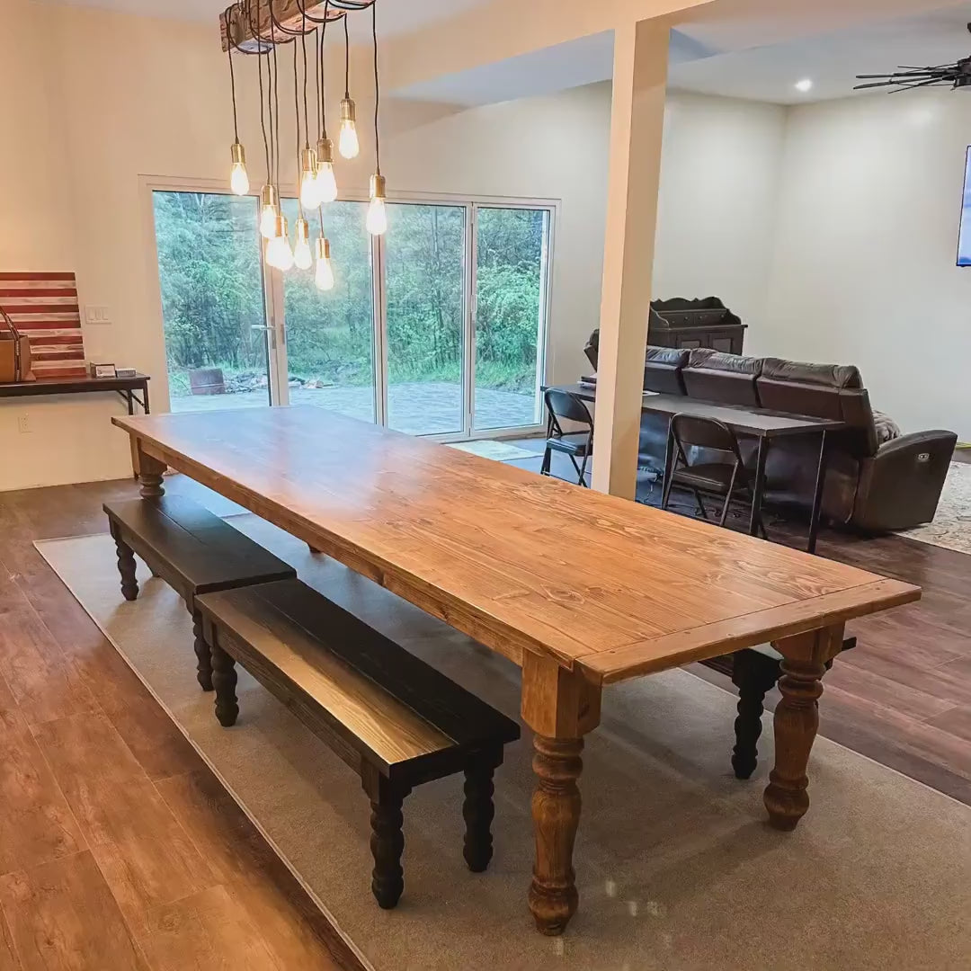 Farmhouse Table, Large Turned Leg Dining, Custom Solid Wood Table - 10-Foot Table, 12-Foot Table - Any Size & Stain - Handmade!